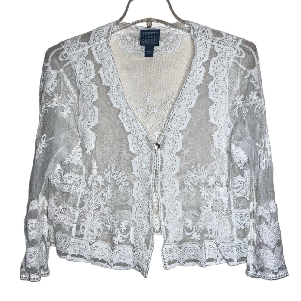 Rabbit Rabbit Rabbit White Cropped Lace and Crochet Button Front Top Size Large